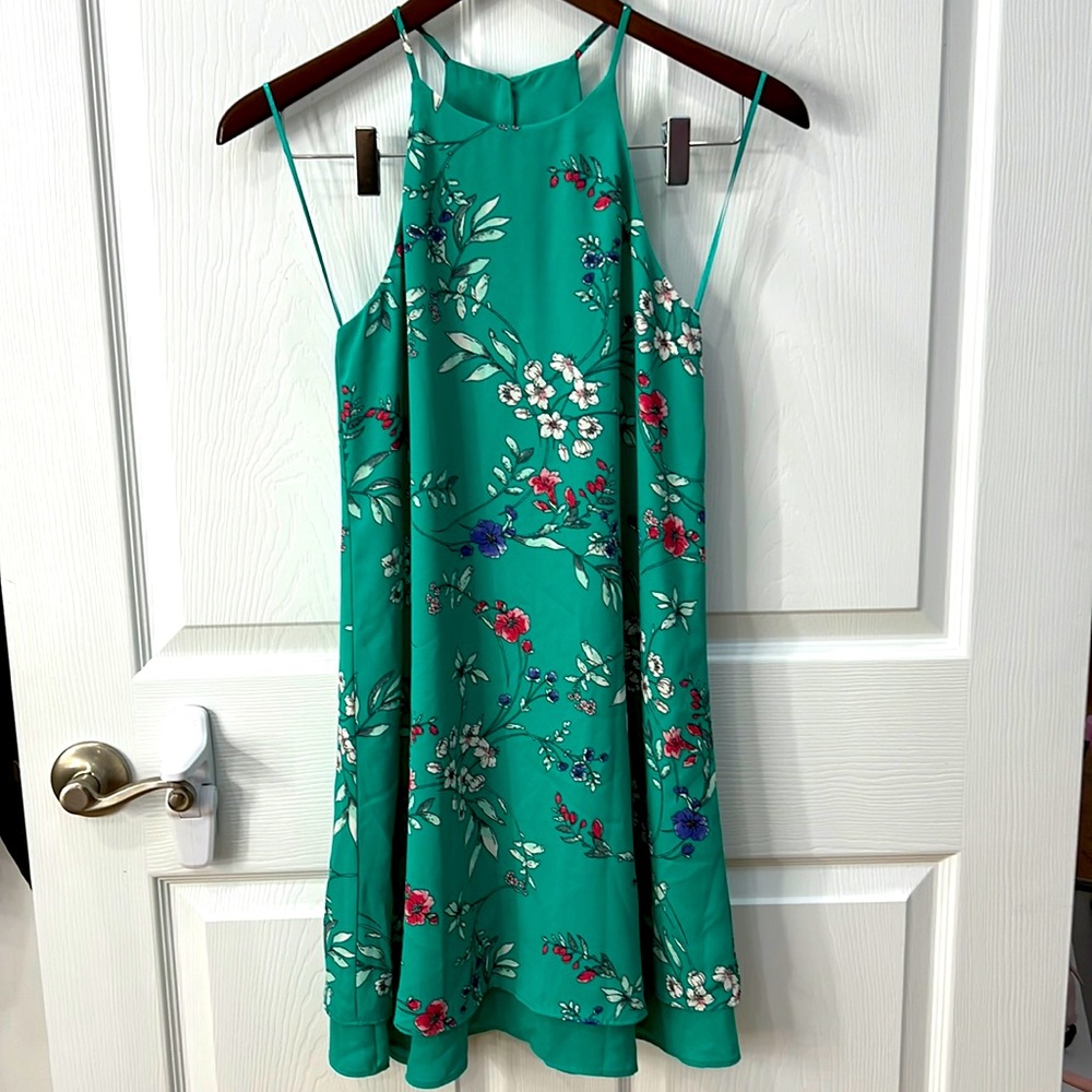 NWT Pink Rose Teal Floral Halter-Style Spaghetti Strap Dress, Size XS